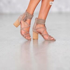 Jeffrey Campbell Despina Strappy Heeled Sandals Taupe Suede Tassel Size 9
